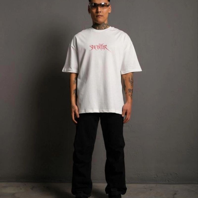 Erkek Baskılı T-Shirt Oversize Kısa kol Bisiklet yaka tişort - Beyaz